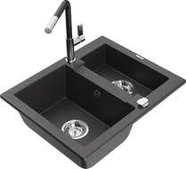 Mexen Carlos granite sink 1.5-bowl with Flora kitchen faucet, black speckled - 6518-76-670401-07