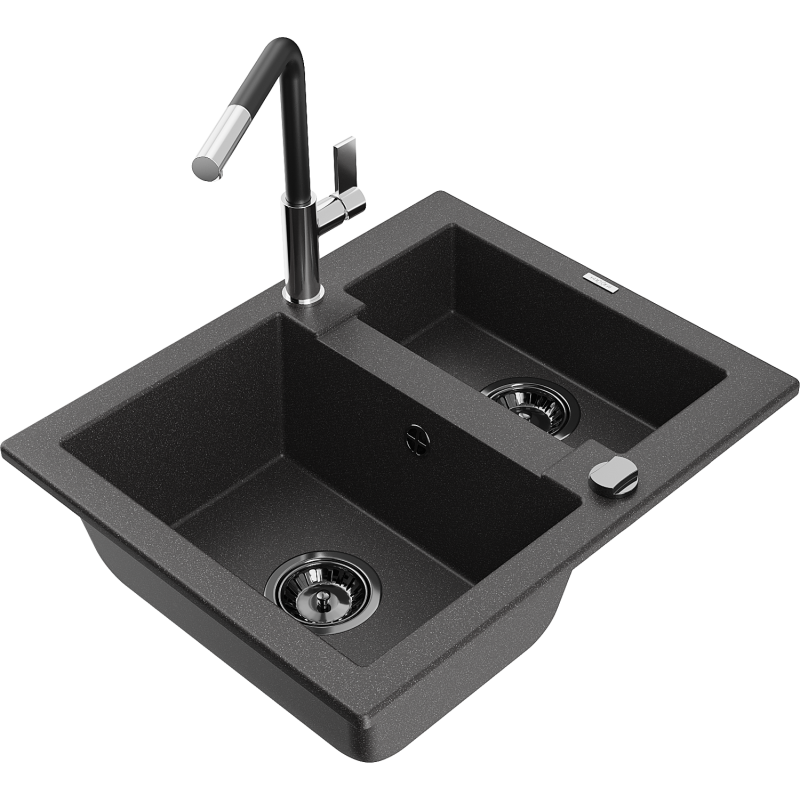 Mexen Carlos granīta izlietne ar 1,5 nodalījumu un virtuves jaucējkrānu Flora, melna ar plankumiem - 6518-76-670401-07-B