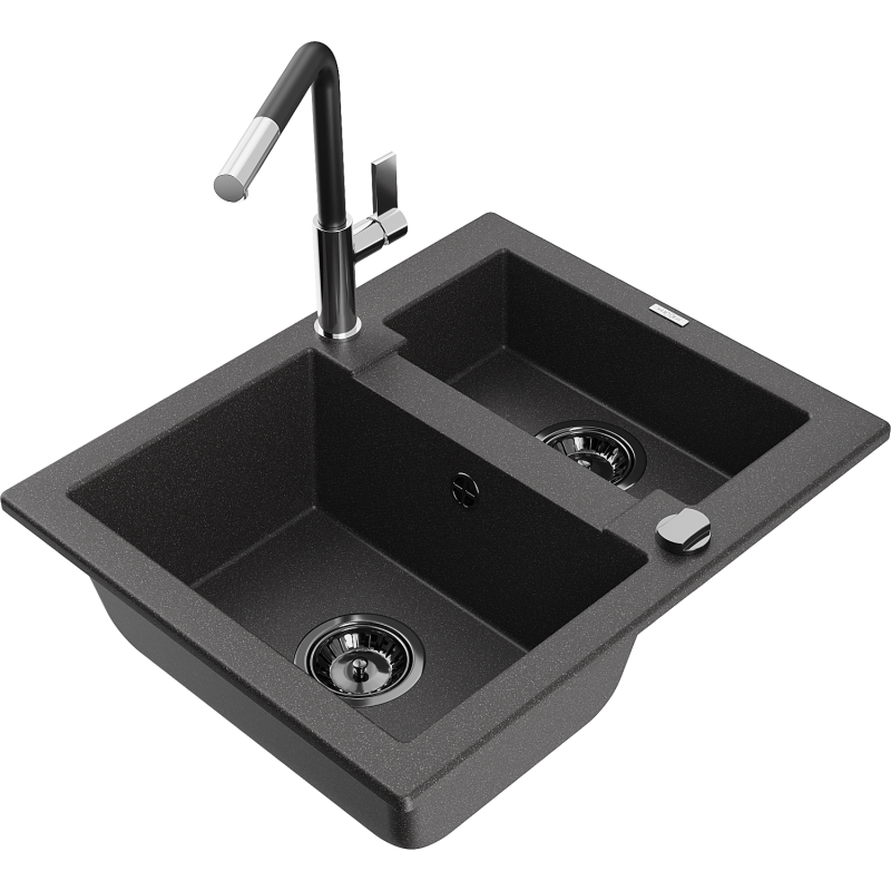Mexen Carlos granite sink 1.5-bowl with Flora kitchen tap, black speckled - 6518-76-670401-07-B