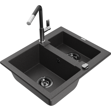 Mexen Carlos 1,5-Kammer-Graniteinbauspüle mit Küchenarmatur Flora, schwarz gesprenkelt - 6518-76-670401-07-B