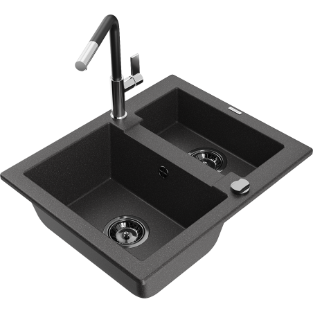 Mexen Carlos fregadero de granito de 1,5 cubetas con grifo de cocina Flora, negro moteado - 6518-76-670401-07-B