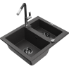 Mexen Carlos granite sink 1.5-bowl with Flora kitchen tap, black speckled - 6518-76-670401-07-B