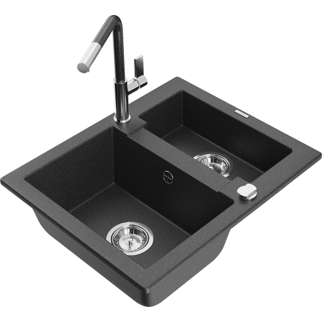 Mexen Carlos granite sink 1.5-bowl with Flora kitchen tap, speckled black - 6518-76-670401-08