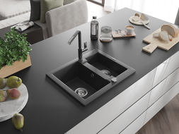 Mexen Carlos granite sink 1.5-bowl with Flora kitchen tap, speckled black - 6518-76-670401-08