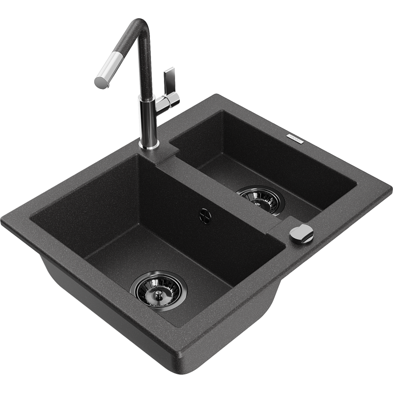 Mexen Carlos 1.5-bowl granite sink with Flora kitchen tap, black speckled - 6518-76-670401-08-B