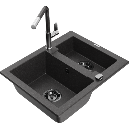 Mexen Carlos 1.5-bowl granite sink with Flora kitchen tap, black speckled - 6518-76-670401-08-B