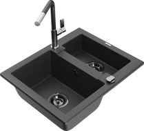 Mexen Carlos 1.5-bowl granite sink with Flora kitchen tap, black speckled - 6518-76-670401-08-B