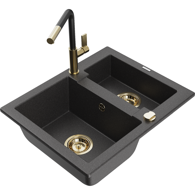 Mexen Carlos lavello in granito a 1,5 vasca con miscelatore cucina Flora, nero maculato - 6518-76-670401-57-G