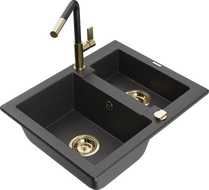 Mexen Carlos 1.5-Bowl Granite Sink with Flora Kitchen Tap, Black Speckled - 6518-76-670401-57-G