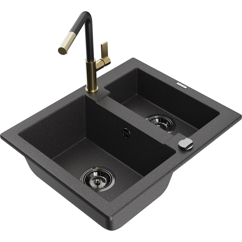 Mexen Carlos fregadero de granito de 1,5 senos con grifo de cocina Flora, negro moteado - 6518-76-670401-57-B