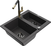 Mexen Carlos 1.5-bowl granite sink with Flora kitchen faucet, speckled black - 6518-76-670401-57-B