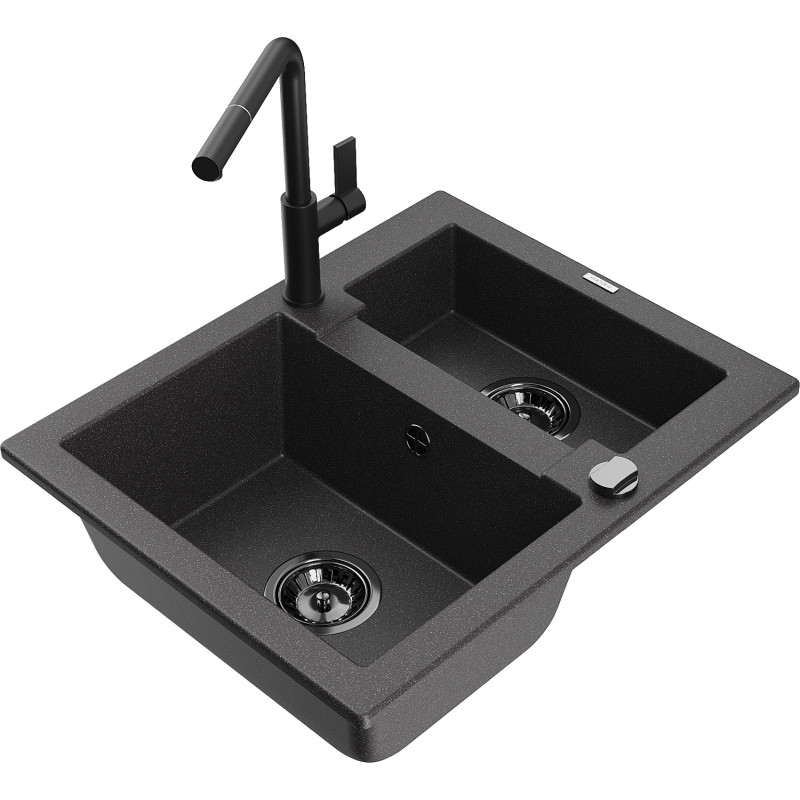 Mexen Carlos fregadero de granito de 1,5 cubetas con grifo de cocina Flora, negro moteado - 6518-76-670401-70-B