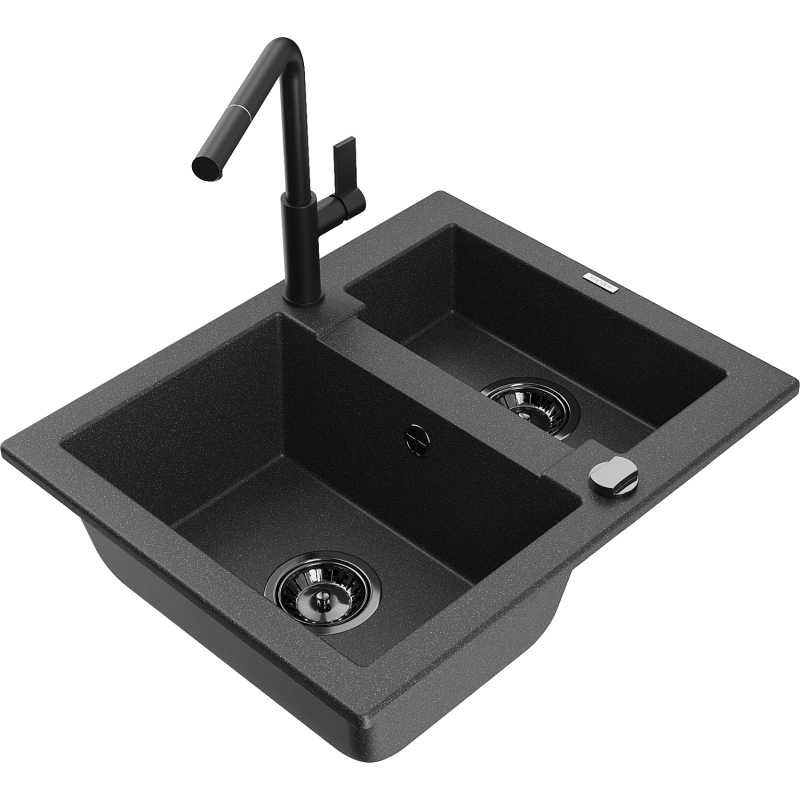 Mexen Carlos Granit-Spullsteen 1,5-Komor mat Kichenbatteri Flora, schwaarz mam Faarfkoup - 6518-76-670401-70-B