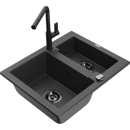 Mexen Carlos granitische spoelbak 1,5-kamer met keukenmengkraan Flora, zwart gespikkeld - 6518-76-670401-70-B