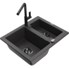 Mexen Carlos granite sink 1.5-bowl with Flora kitchen tap, black speckled - 6518-76-670401-70-B