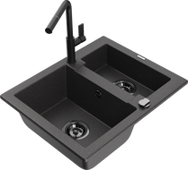 Mexen Carlos granite sink 1.5-bowl with Flora kitchen tap, black speckled - 6518-76-670401-70-B