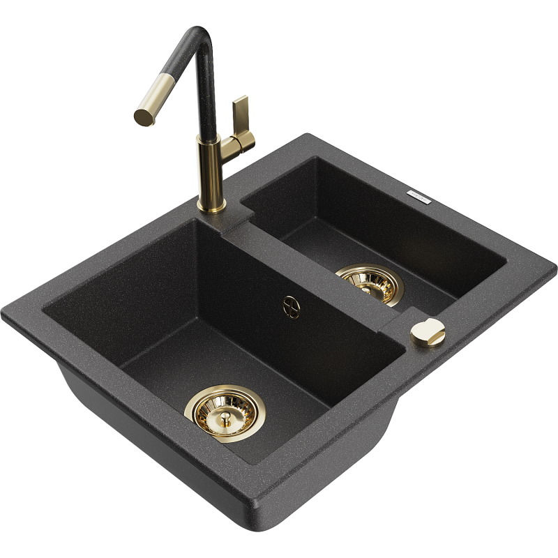 Mexen Carlos 1.5-bowl granite sink with Flora kitchen tap, black speckled - 6518-76-670401-75-G