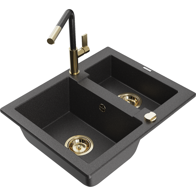 Mexen Carlos lavello in granito 1,5 vasca con rubinetto da cucina Flora, nero maculato - 6518-76-670401-75-G