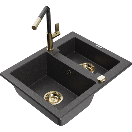 Mexen Carlos 1.5-bowl granite sink with Flora kitchen tap, black speckled - 6518-76-670401-75-G