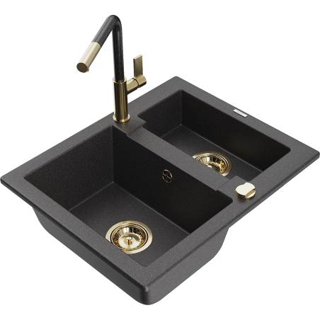 Mexen Carlos granitno pomivalno korito 1,5-prekatno z kuhinjsko pipo Flora, črno z vzorcem - 6518-76-670401-75-G