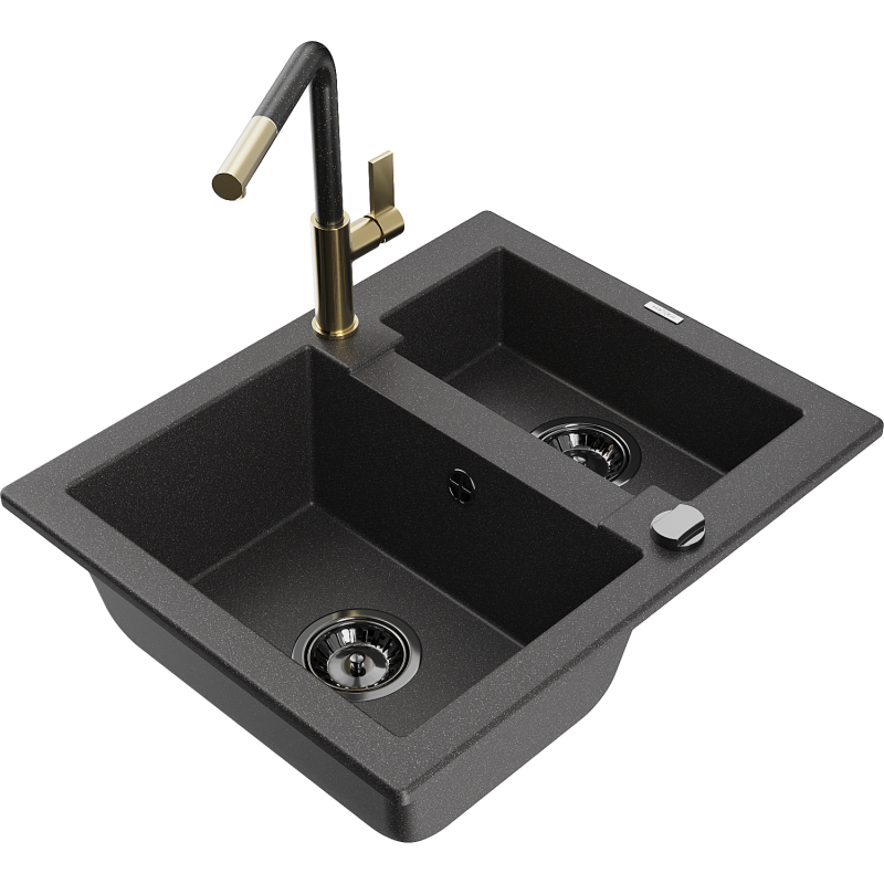 Mexen Carlos 1.5-bowl granite sink with Flora kitchen tap, black speckled - 6518-76-670401-75-B