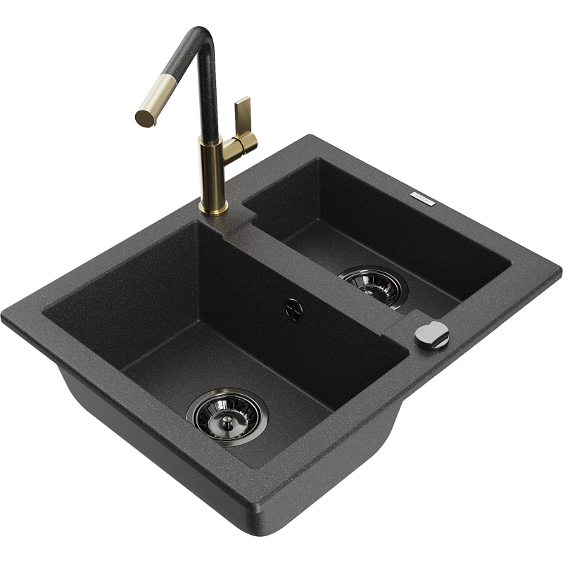 Mexen Carlos lava-loiça de granito 1,5-combo com torneira de cozinha Flora, preto salpicado - 6518-76-670401-75-B