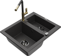Mexen Carlos 1.5-bowl granite sink with Flora kitchen tap, black speckled - 6518-76-670401-75-B