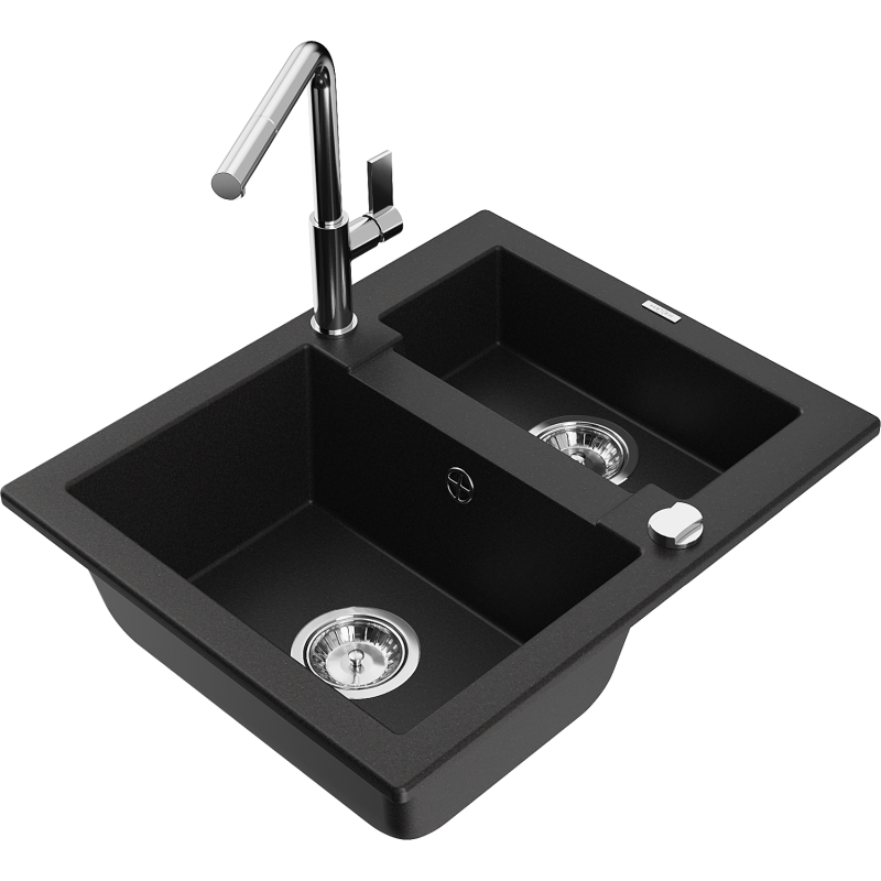 Mexen Carlos 1.5-bowl granite sink with Flora kitchen tap, black - 6518-77-670401-00