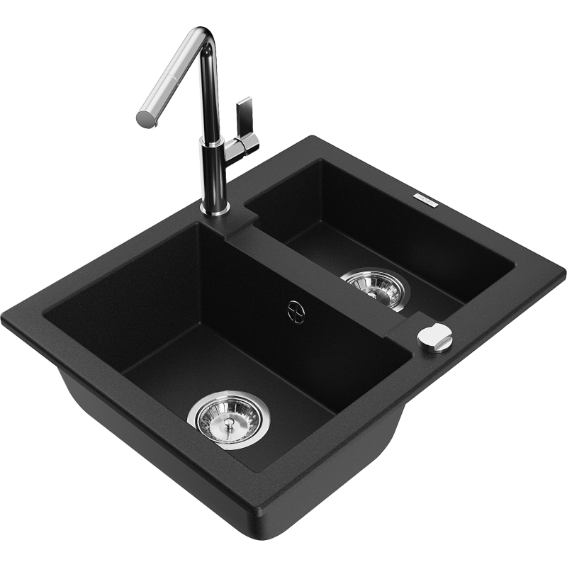 Mexen Carlos fregadero de granito 1,5 cubetas con grifo de cocina Flora, negro - 6518-77-670401-00