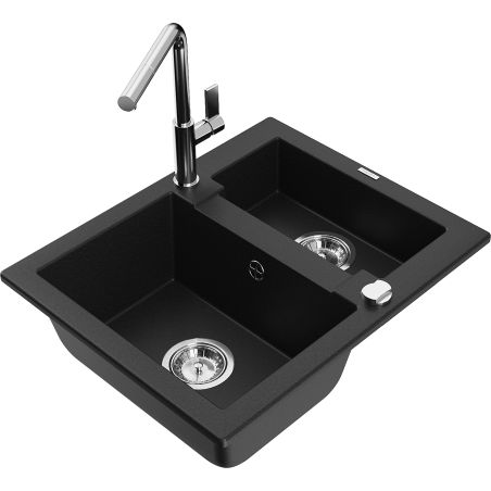 Mexen Carlos 1.5-bowl granite sink with Flora kitchen tap, black - 6518-77-670401-00