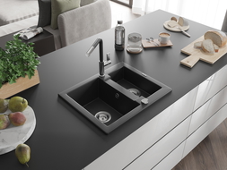 Mexen Carlos granite sink 1.5-bowl with Flora kitchen tap, black - 6518-77-670401-07