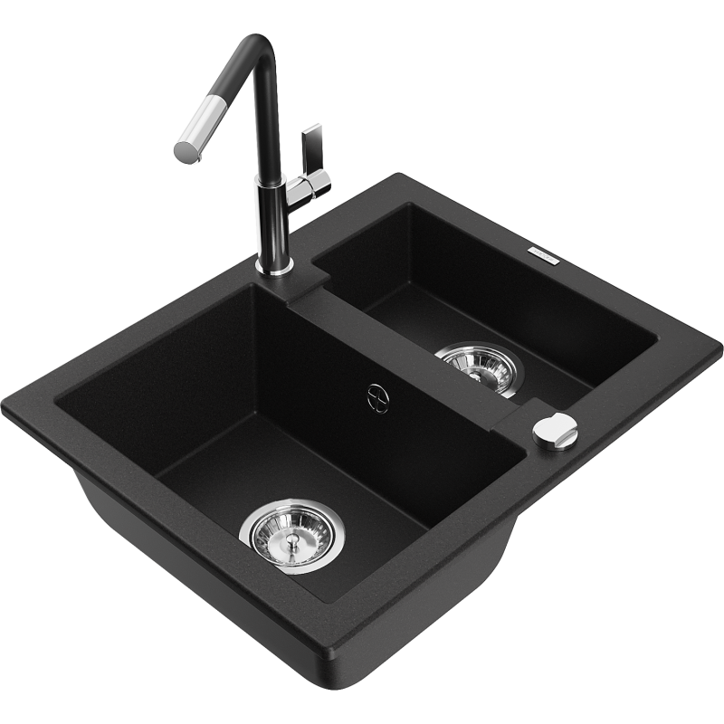 Mexen Carlos fregadero de granito de 1,5 senos con grifo de cocina Flora, negro - 6518-77-670401-07