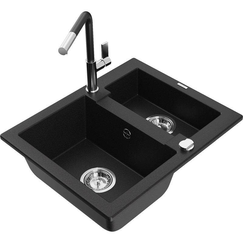 Mexen Carlos granite sink 1.5-bowl with Flora kitchen tap, black - 6518-77-670401-07