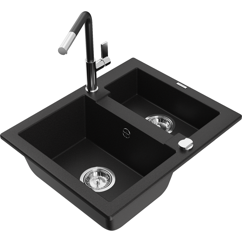 Mexen Carlos granitho vask 1,5-fack med köksblandare Flora, svart - 6518-77-670401-07