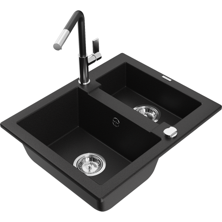 Mexen Carlos granite sink 1.5-bowl with Flora kitchen tap, black - 6518-77-670401-07