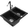 Mexen Carlos granite sink 1.5-bowl with Flora kitchen tap, black - 6518-77-670401-07
