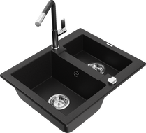 Mexen Carlos granieten gootsteen 1,5-bakkenset met keukenmengkraan Flora, zwart - 6518-77-670401-07