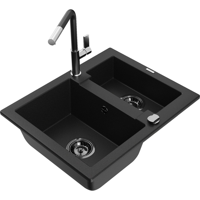 Mexen Carlos fregadero de granito de 1,5 cubetas con grifo de cocina Flora, negro - 6518-77-670401-07-B