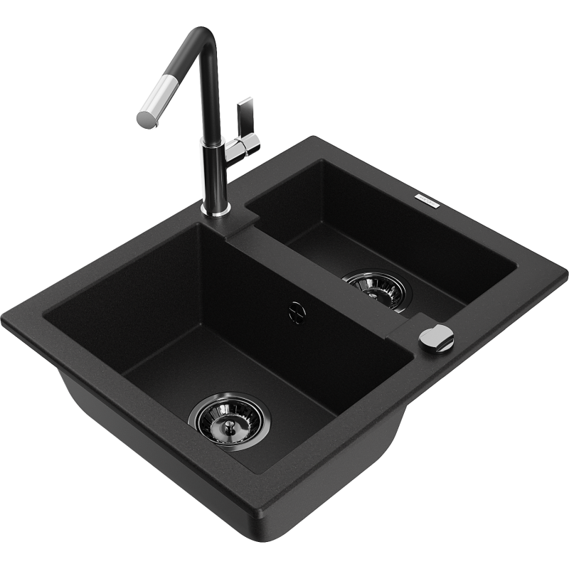 Mexen Carlos granite sink 1.5-bowl with Flora kitchen tap, black - 6518-77-670401-07-B