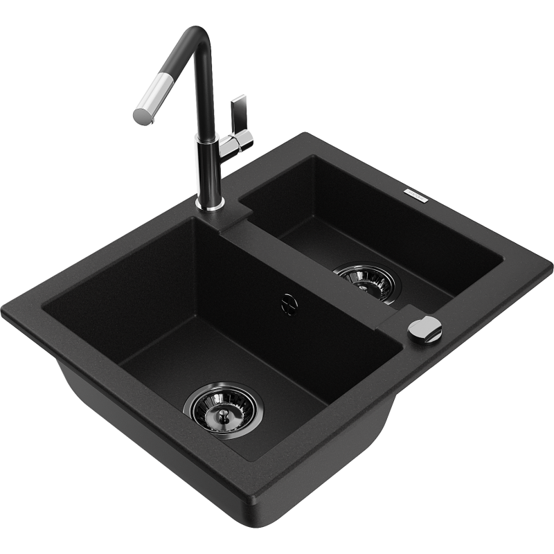 Mexen Carlos lava-loiça de granito de 1,5 bacias com torneira de cozinha Flora, preto - 6518-77-670401-07-B