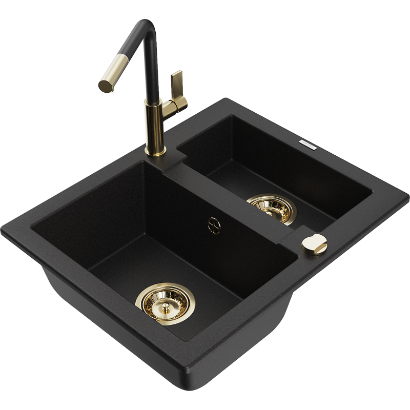 Mexen Carlos fregadero de granito de 1,5 senos con grifo de cocina Flora, negro - 6518-77-670401-57-G
