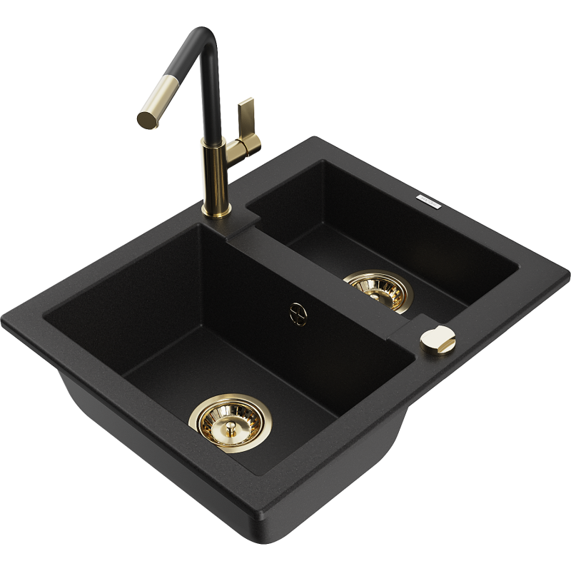 Mexen Carlos granite kitchen sink 1.5-bowl with Flora kitchen tap, black - 6518-77-670401-57-G
