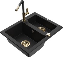 Mexen Carlos granite kitchen sink 1.5-bowl with Flora kitchen tap, black - 6518-77-670401-57-G