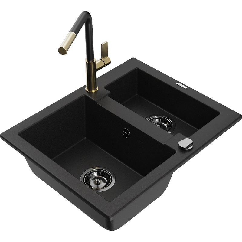 Mexen Carlos 1.5-bowl granite sink with Flora kitchen tap, black - 6518-77-670401-57-B