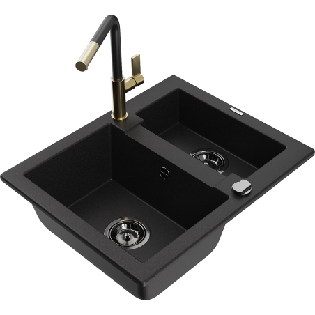 Mexen Carlos 1.5-bowl granite sink with Flora kitchen tap, black - 6518-77-670401-57-B