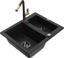 Mexen Carlos 1.5-bowl granite sink with Flora kitchen faucet, black - 6518-77-670401-57-B