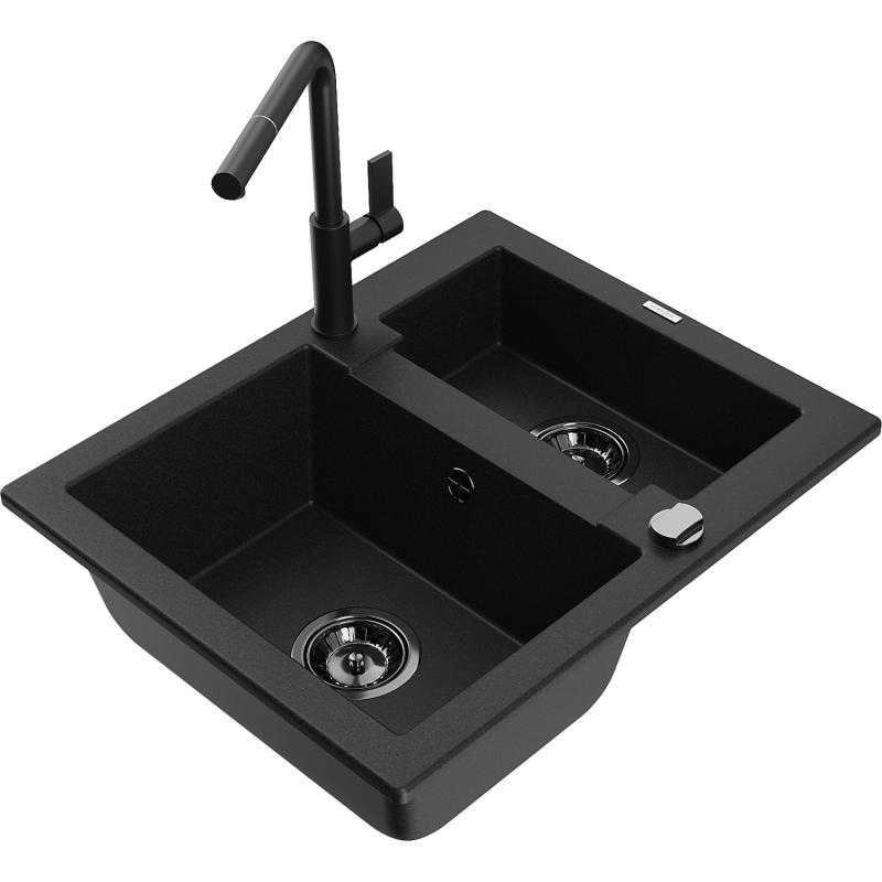Mexen Carlos fregadero de granito de 1,5 compartimentos con grifo de cocina Flora, negro - 6518-77-670401-70-B
