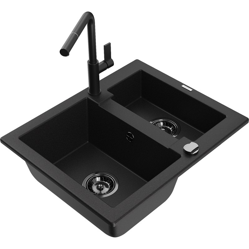 Mexen Carlos granite sink 1.5-bowl with Flora kitchen tap, black - 6518-77-670401-70-B