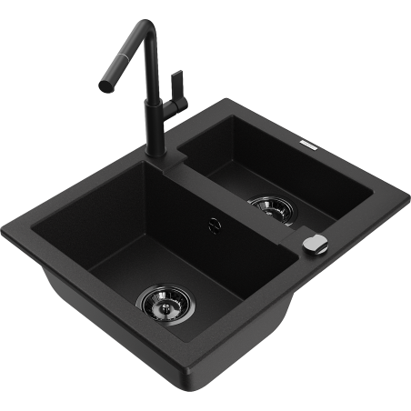 Mexen Carlos granite sink 1.5-bowl with Flora kitchen tap, black - 6518-77-670401-70-B