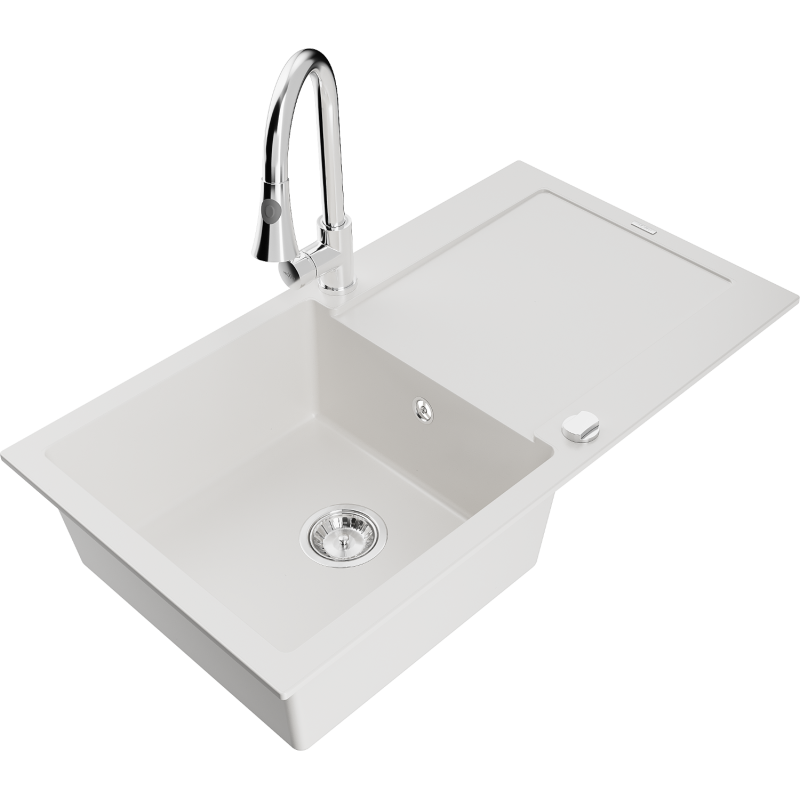 Mexen Leo 1-bowl granite kitchen sink with drainer and Elia kitchen tap, white - 6501-20-670101-00